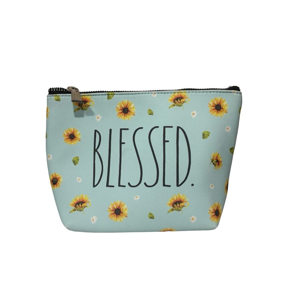 Rae Dunn Blessed Sunflower Cosmetic Makeup Bag Aqua Blue Floral Pouch